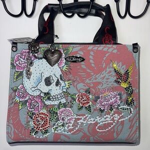NWT Ed Hardy Pink and Gray Tote with Skull and Floral Design